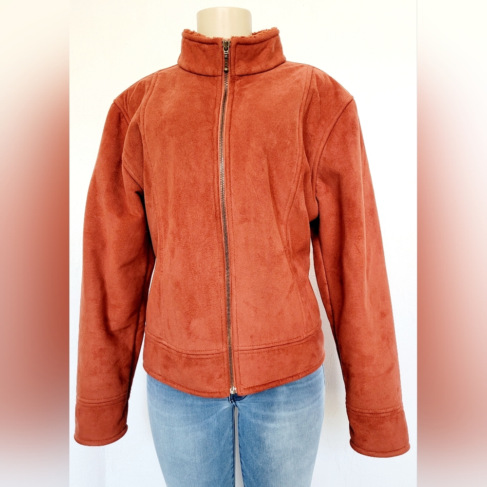 County Clothing Co Canada Faux Suede Sherpa Jacket Full Zip Terracotta Large